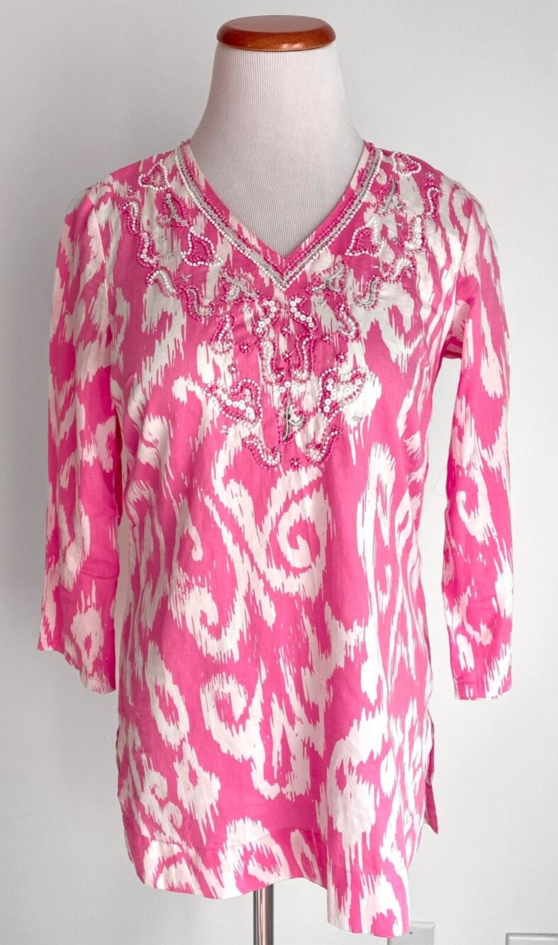 Brooks Brothers V-Neck Tunic Top w/Sequins, Pink White, 3/4 Sleeve, Cotton, XXS